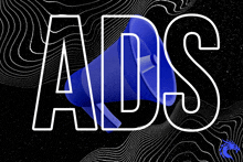 a blue megaphone with the word ads in white letters on a black background