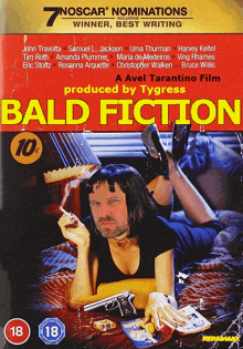 a movie poster for bald fiction shows a man smoking a cigarette and holding a gun