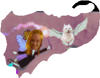 a cartoon of a woman flying with a wand and a dog with wings