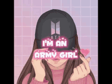 a girl wearing a bts hat and a pink sweater is making a heart sign .