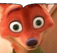 a close up of a cartoon fox with big eyes and a purple nose