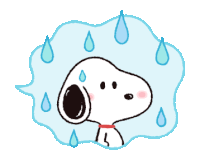 a cartoon of snoopy with a speech bubble and rain drops