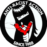 a logo for anti-racist action since 1988 with a slingshot