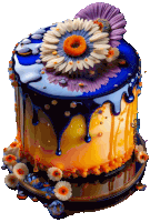 a yellow and blue cake with flowers on top and the word cupcakes on the bottom