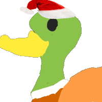 a drawing of a green duck wearing a red santa hat