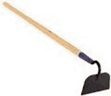 a hoe with a wooden handle and a purple handle is on a white background .