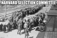 a black and white photo of a crowd of people with the words harvard selection committee