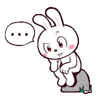 a cartoon drawing of a rabbit with a speech bubble above it