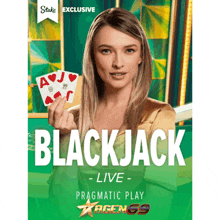 a woman is holding a pair of playing cards and says blackjack live