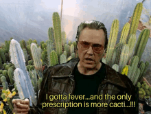 a man standing in front of a field of cactus says i gotta fever and the only prescription is more cacti !!!