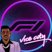 a man in a suit and sunglasses is standing in front of a purple logo that says vice city