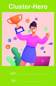 an illustration of a woman holding a trophy with the words cluster-hero written above her