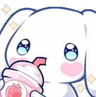 a cartoon bunny is holding a cup of ice cream with whipped cream and a strawberry on it .