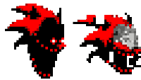 a pixel art drawing of a red and black dragon with a helmet on a white background .