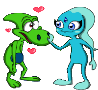 a cartoon of a lizard and a blue alien with hearts behind them