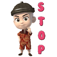 a cartoon character with the word stop written in pink letters