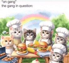 a group of cats wearing chef hats and aprons are sitting around a table eating burgers .