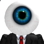 a man in a suit and tie has a blue eye on his head .