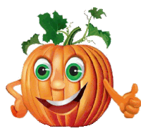 a cartoon pumpkin with green eyes is giving a thumbs up sign .