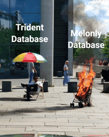 a man sits under an umbrella next to a burning stroller that says melonly database on it