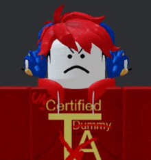 a roblox character with red hair is wearing a certified dummy ta shirt