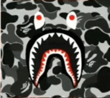 a picture of a shark with sharp teeth and a camouflage background .