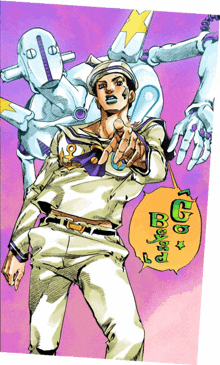 a cartoon drawing of a man standing next to a robot with the word jojo on it