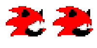 two pixel art drawings of a red monster with black eyes and teeth