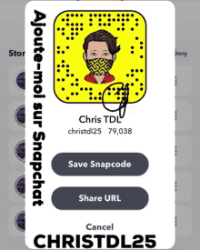 a snapchat profile for chris tdl with a mask on