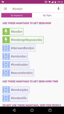 a screenshot of an app that says use these hashtags to get seen now on it