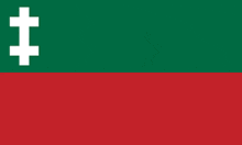 a green and red flag with a white cross on the bottom