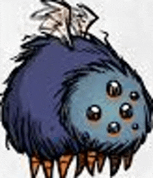 a cartoon drawing of a blue spider with a feather on its head and legs .