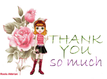 a thank you card with a girl and roses