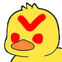 a yellow duck with red eyes and a red arrow on its face .