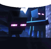 a couple of minecraft characters with purple eyes