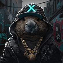 a cartoon of a beaver wearing a hoodie and a hat with a x on it