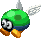 a pixel art drawing of a green bee with wings and a helmet .