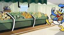 a cartoon drawing of donald duck in a grocery store with vegetables