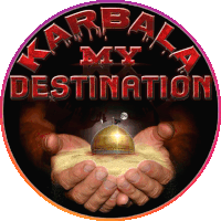 a logo for karbala my destination with two hands holding a dome in the sand