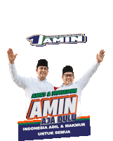 two men are standing next to each other with their arms in the air and a sign that says amin