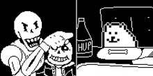 a black and white pixel art of a skeleton holding a dog and a bottle of beer .