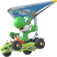 a green yoshi character is riding a green go kart with a blue umbrella