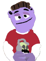 a drawing of a purple bear wearing a red shirt holding a skull