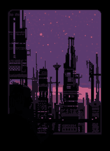 a pixel art of a futuristic city at night with a purple sky