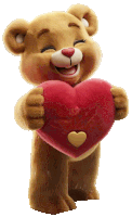 a brown teddy bear holding a red heart with a gold heart on it