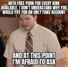 a man in a suit and tie is standing in front of a sign that says with free porn for every kink available i don t understand