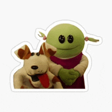 a sticker of a girl and a stuffed dog