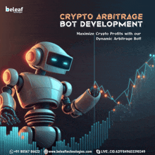 a robot is standing in front of a graph with the words crypto arbitrage bot development