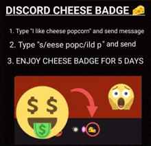 a screenshot of a discord cheese badge with a smiley face with money sticking out of it .