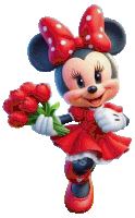 minnie mouse is holding a bouquet of red flowers